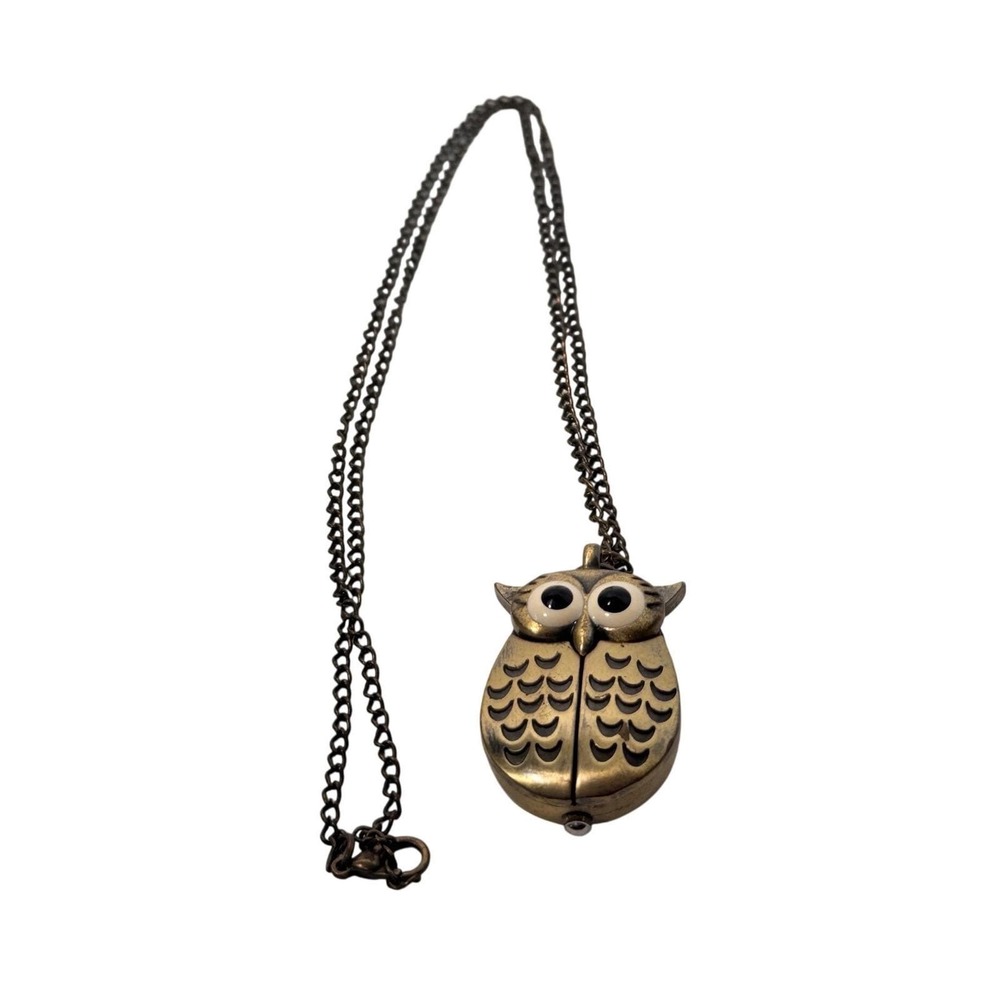 Vtg Owl Pendant Watch Necklace Bronze Steampunk Hidden Analog working clock - Picture 2 of 7